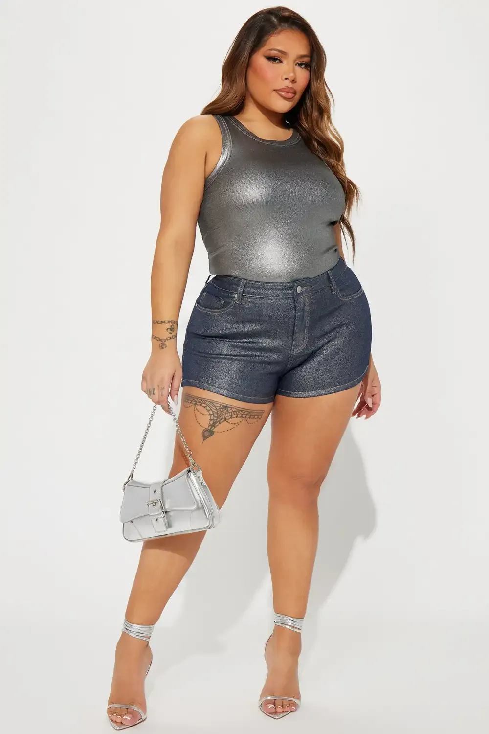 Cameras Flashing Foil Denim Shorts - Silver