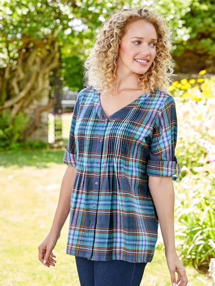 Pintuck Plaid Brushed-Cotton Tunic Top