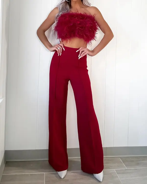 Fur Pants Set - Burgundy