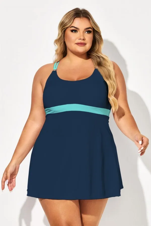 Plus Size Blue Colorblock Crossback Swimdress