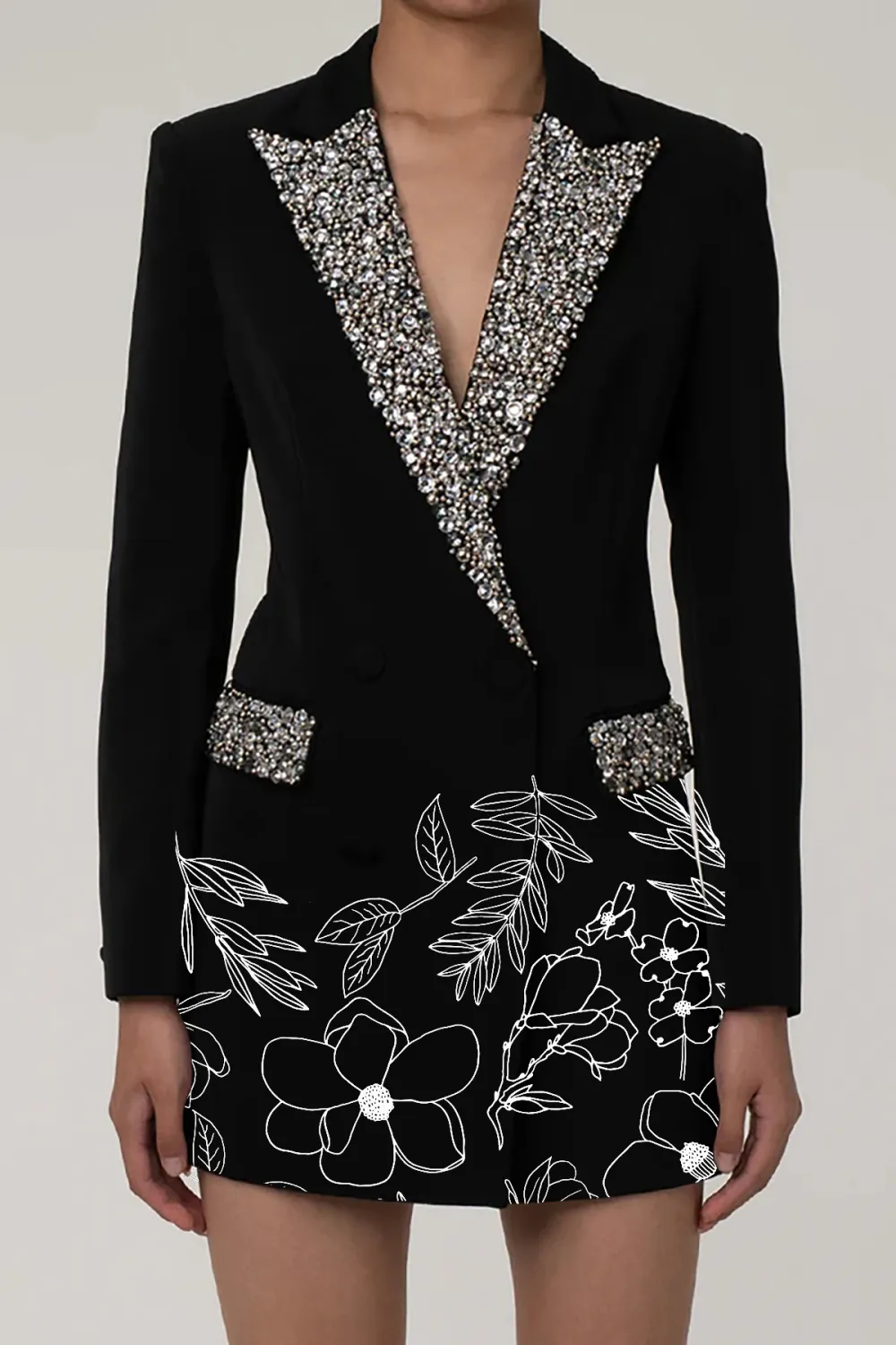 Sparkly Rhinestone Notch Lapel Double Breasted Cinched Waist Long Blazer