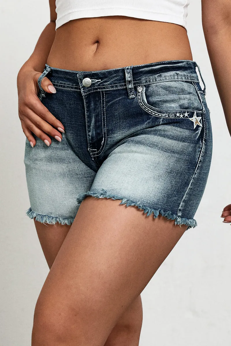 Star Embroidery Stitch Detail Mid Waist Denim Shorts