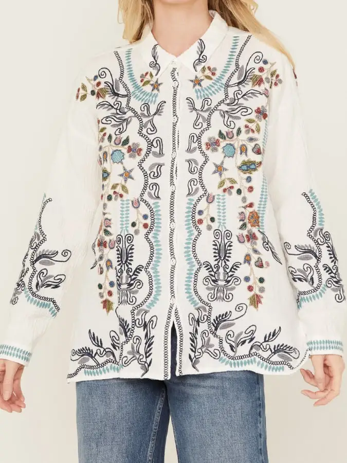 Women's Vintage Western Art Print Casual Linen Shirt