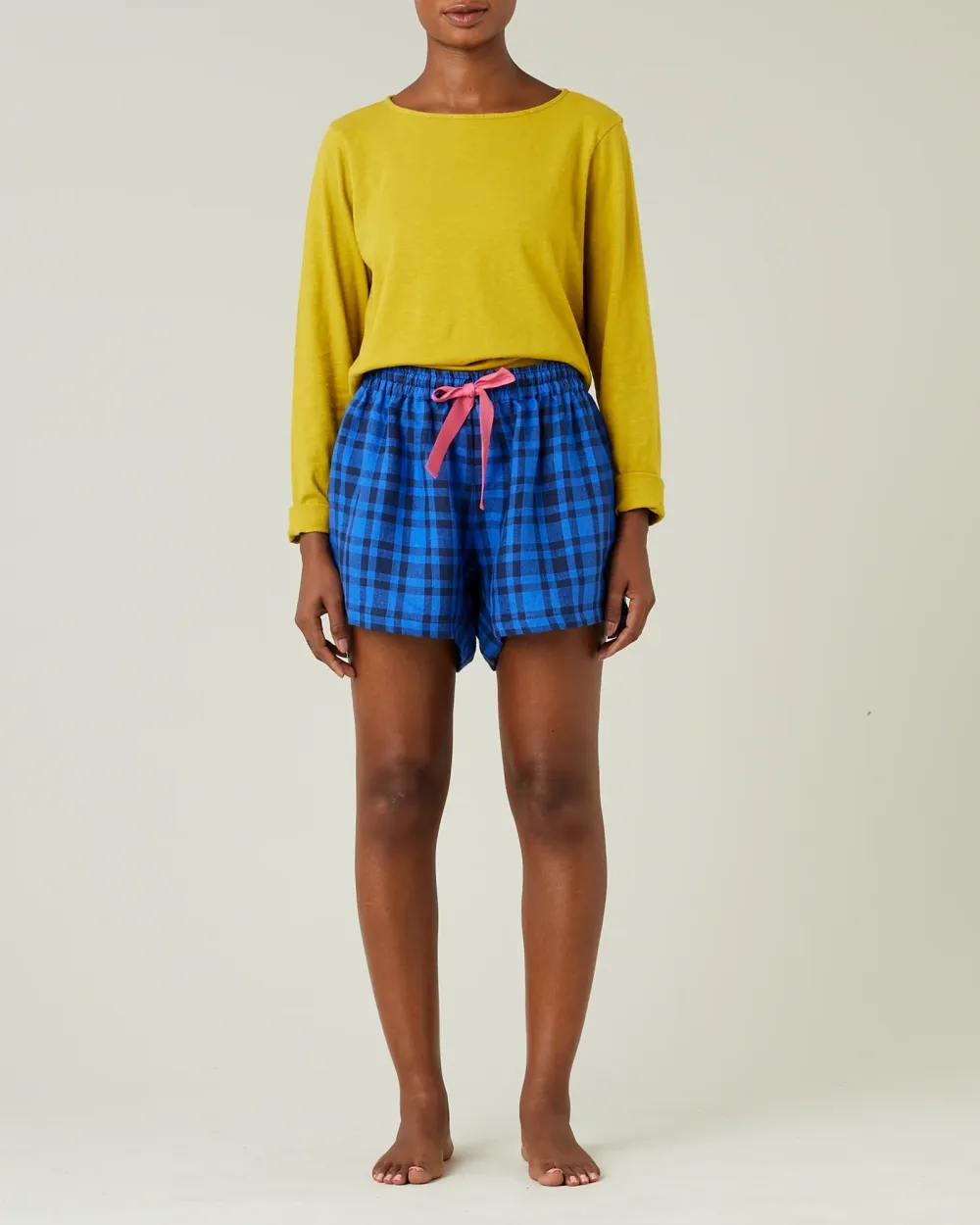 BED SHORTS INDIGO CHECK LINEN