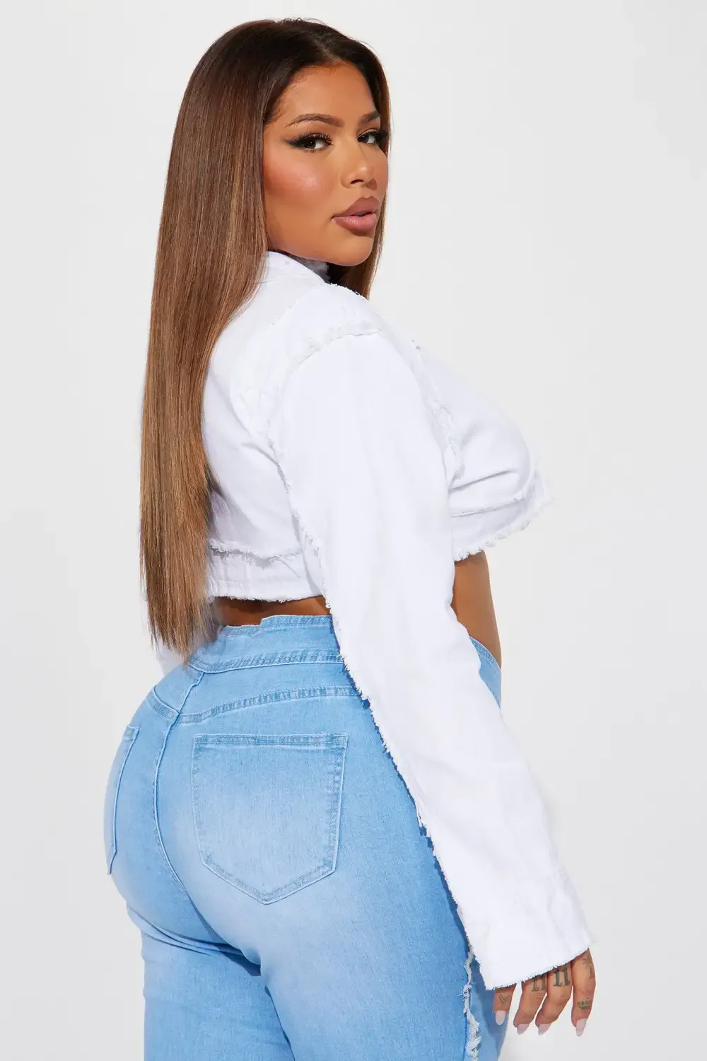 No Excuse Y2K Frayed Denim Bolero Jacket - White