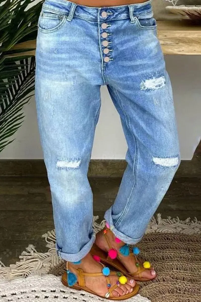 Wash Ripped Button Fly Low Waist Straight Leg Jeans