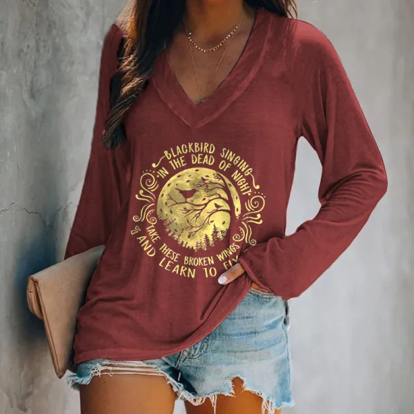 Blackbird Singing In The Dead Of Night Printed Women's T-shirt