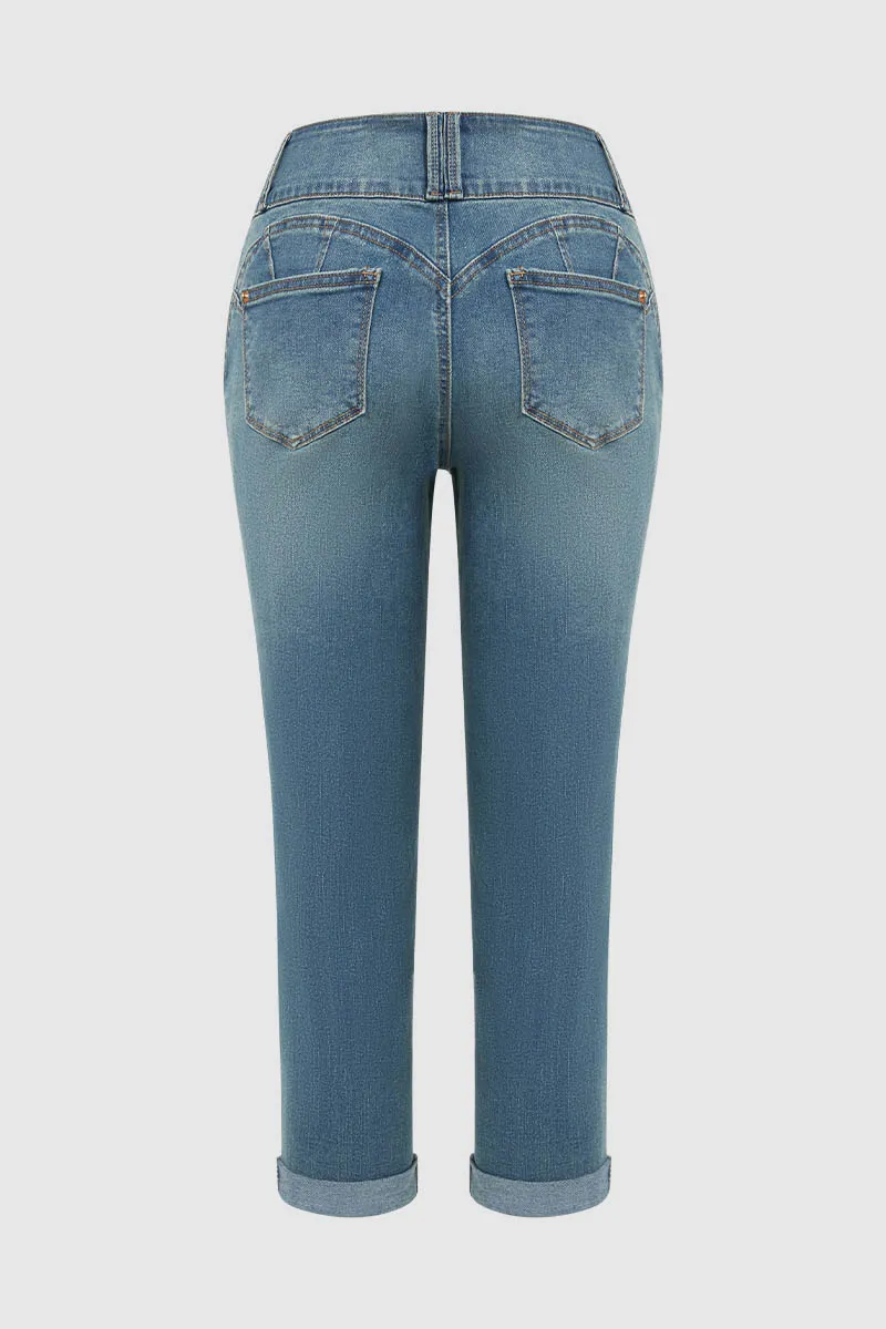 Button Up Roll Hem Mid Rise Capri Jeans