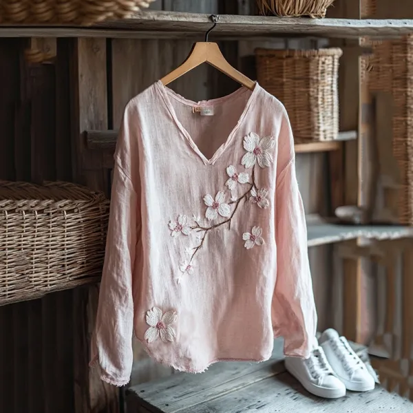 Vintage Sakura Art Japanese Embroidery Graphics Linen Blend V-neck Tunic
