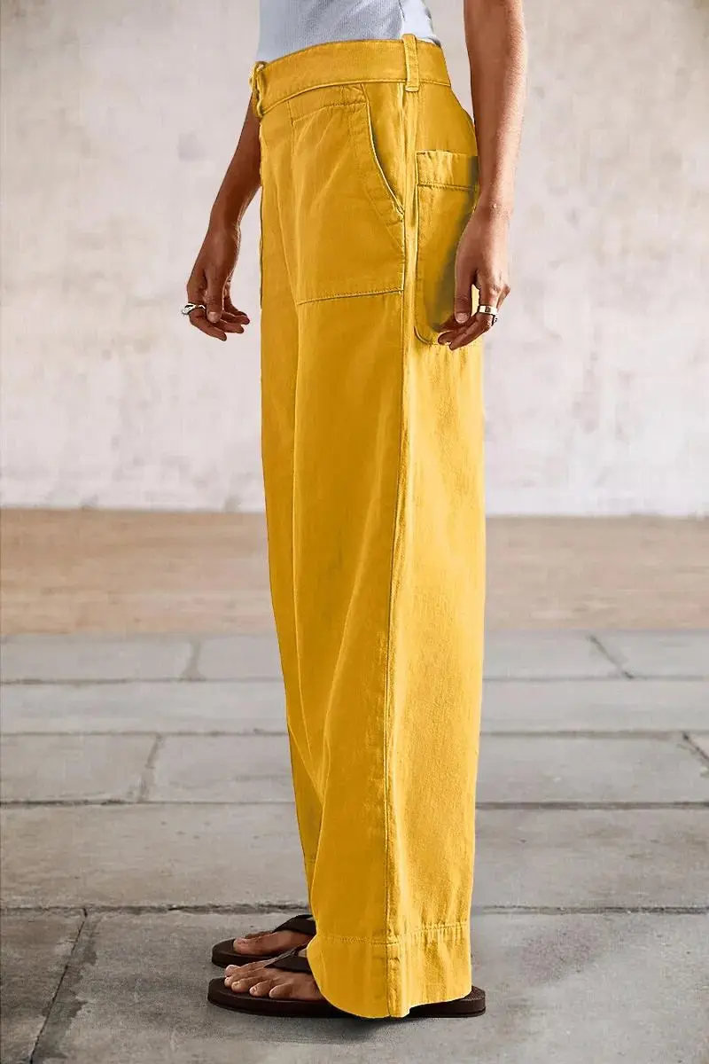 Solid Stitch Detail Mid Waist Straight Leg Pants