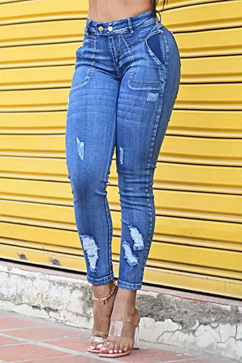 Ripped Double Button Wash Stretchy High Waist Skinny Jeans