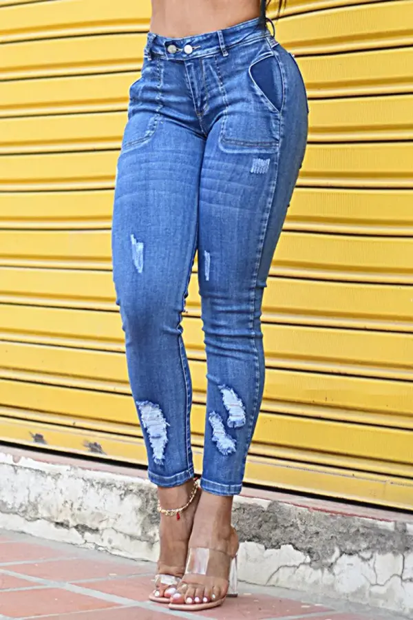 Ripped Double Button Wash Stretchy High Waist Skinny Jeans