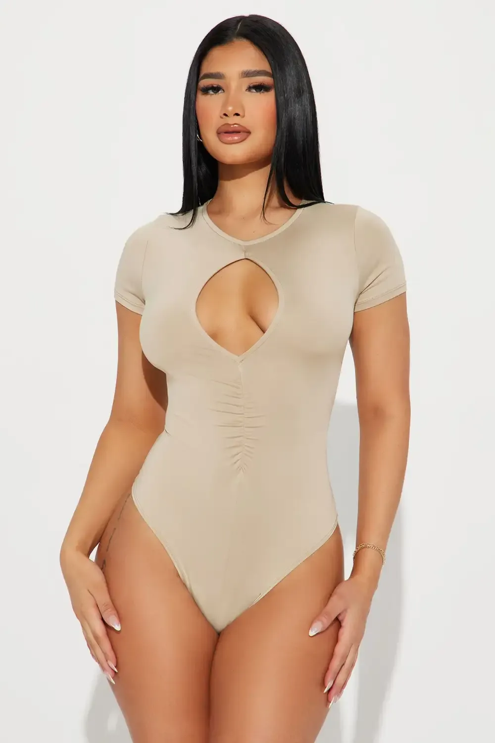 Stand Out Short Sleeve Bodysuit - Taupe