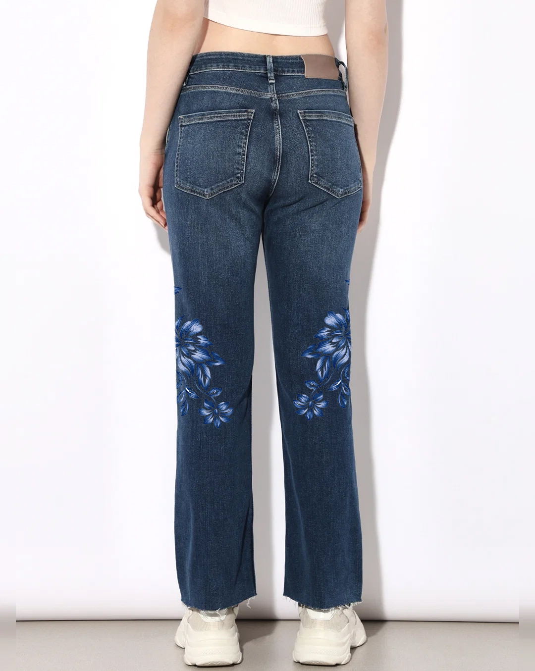 Blue High Rise Flared Cropped Jeans with Blue Floral Pattern