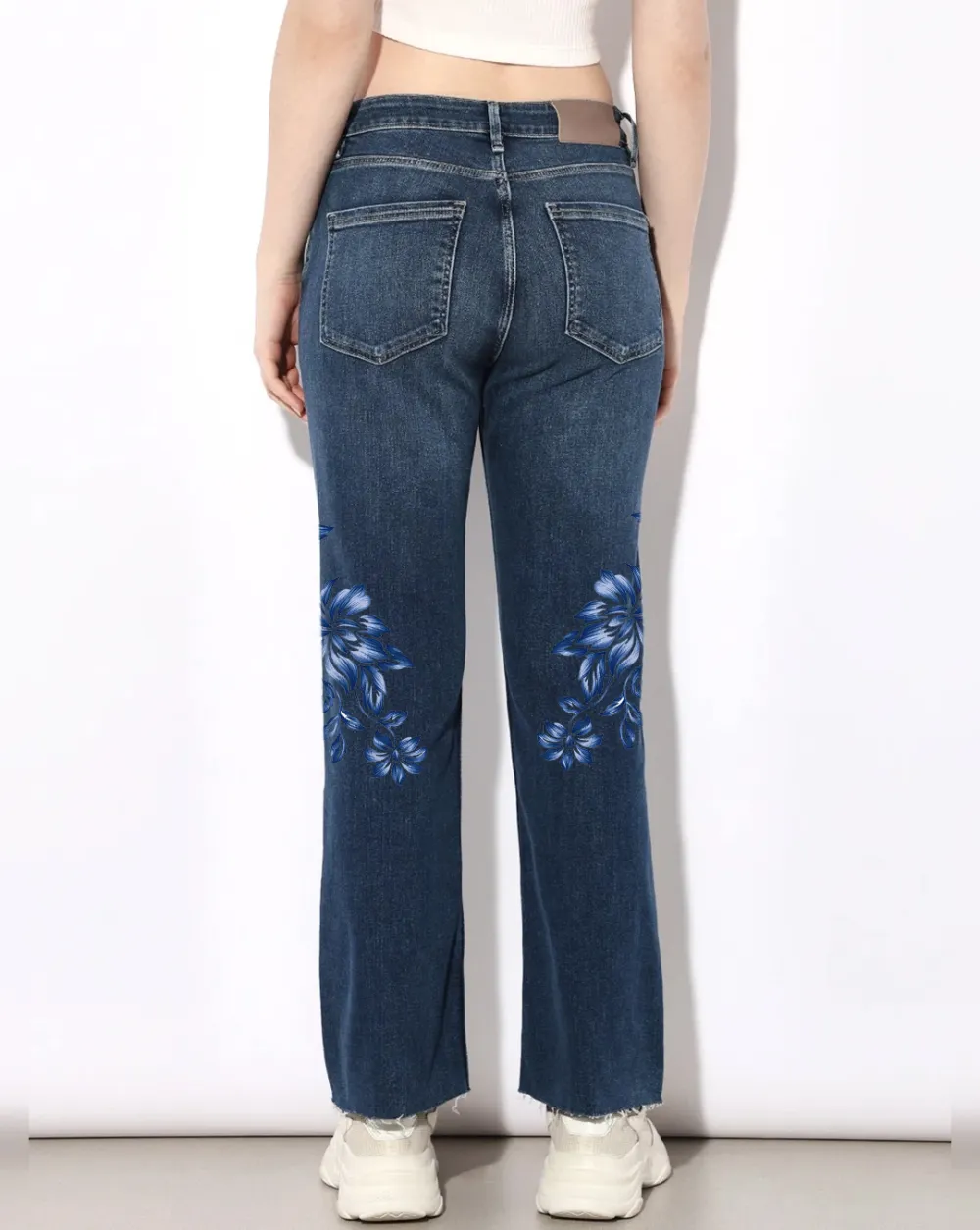 Blue High Rise Flared Cropped Jeans with Blue Floral Pattern