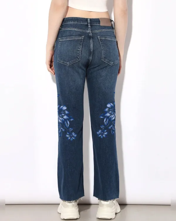 Blue High Rise Flared Cropped Jeans with Blue Floral Pattern