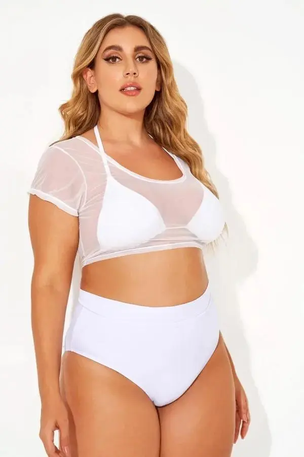 White Self-tie Halter Straps Mesh Crop Bikini Top