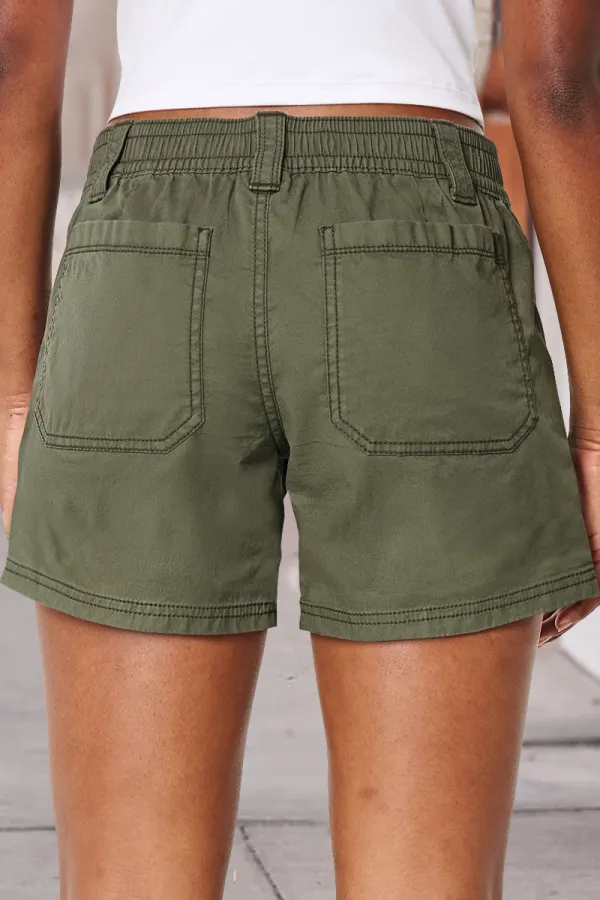 Solid Drawstring Roll Tab Hem Mid Waist Shorts