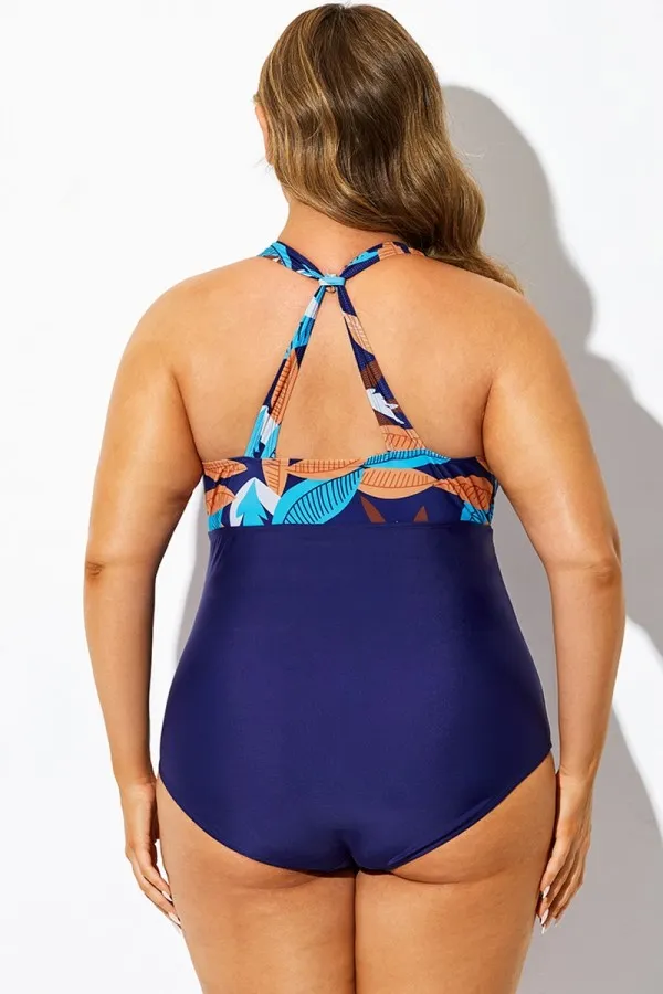 Tropical Print V-Neck Crossback One Piece Swimsuit