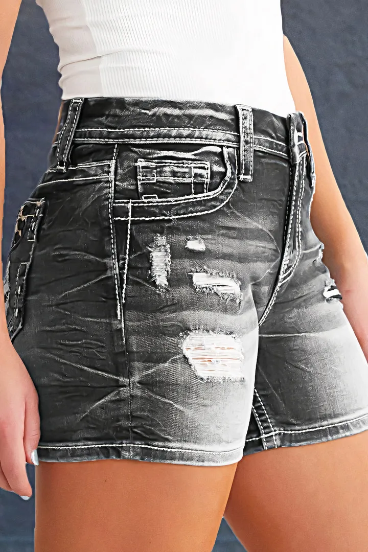 Animal Print Patched Ripped Mid Rise Denim Shorts