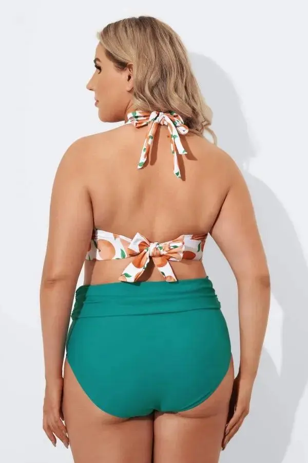 Fashion Fruit Print V-Neck Halter Bikini Set