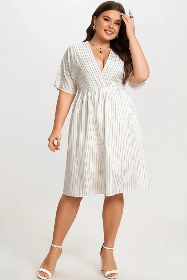 Striped V-Neck Dolman-Sleeve Women Mini Dress