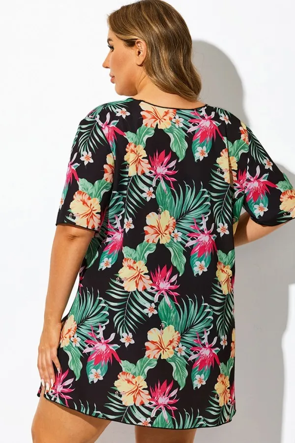Loose Tropical Print Short Sleeve Cover Up