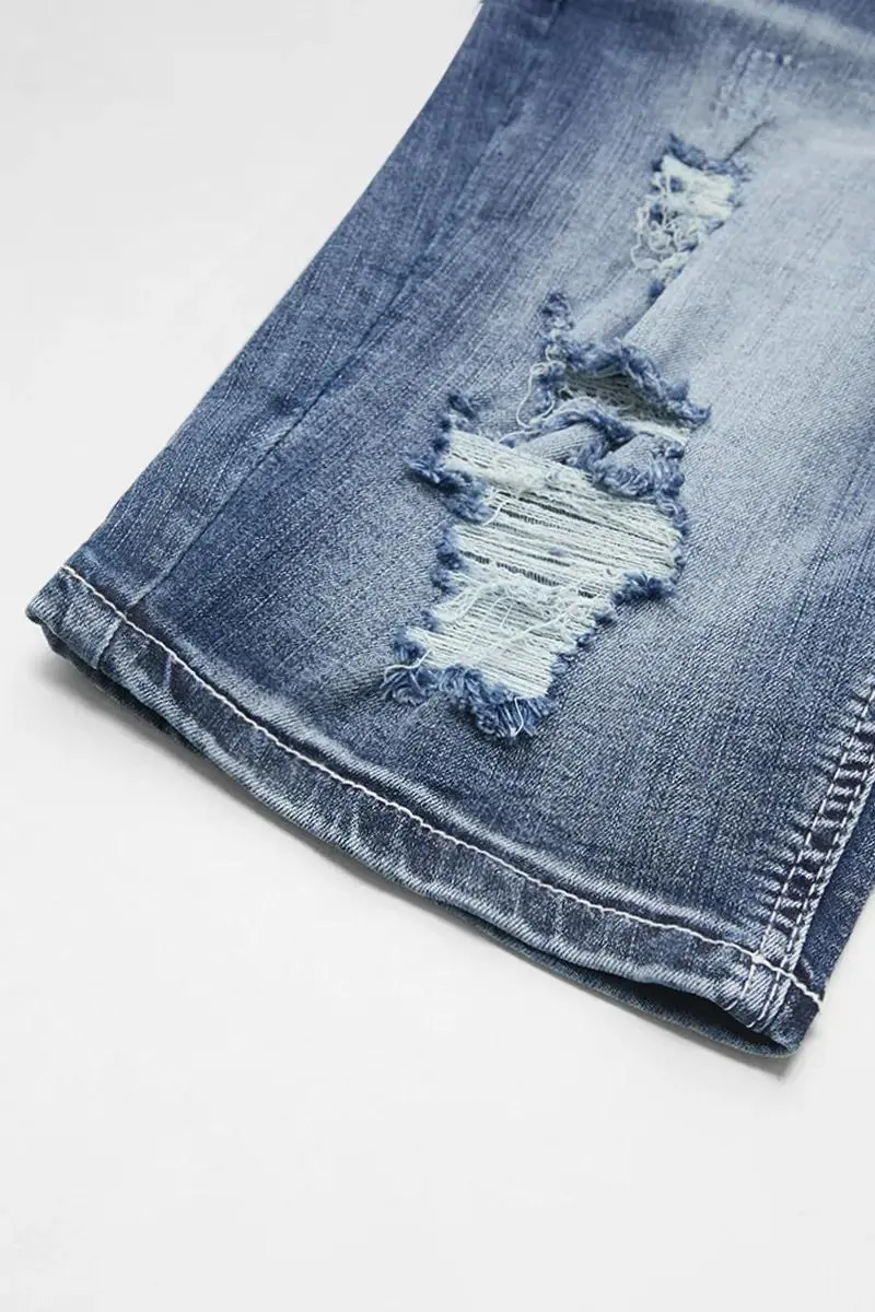 Ripped Roll Hem Double Button Mid Waist Denim Bermuda Shorts