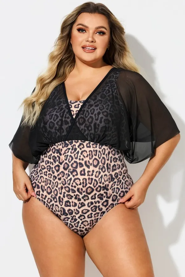 Solid Black Mesh Patchwork One Piece Swimsuit
