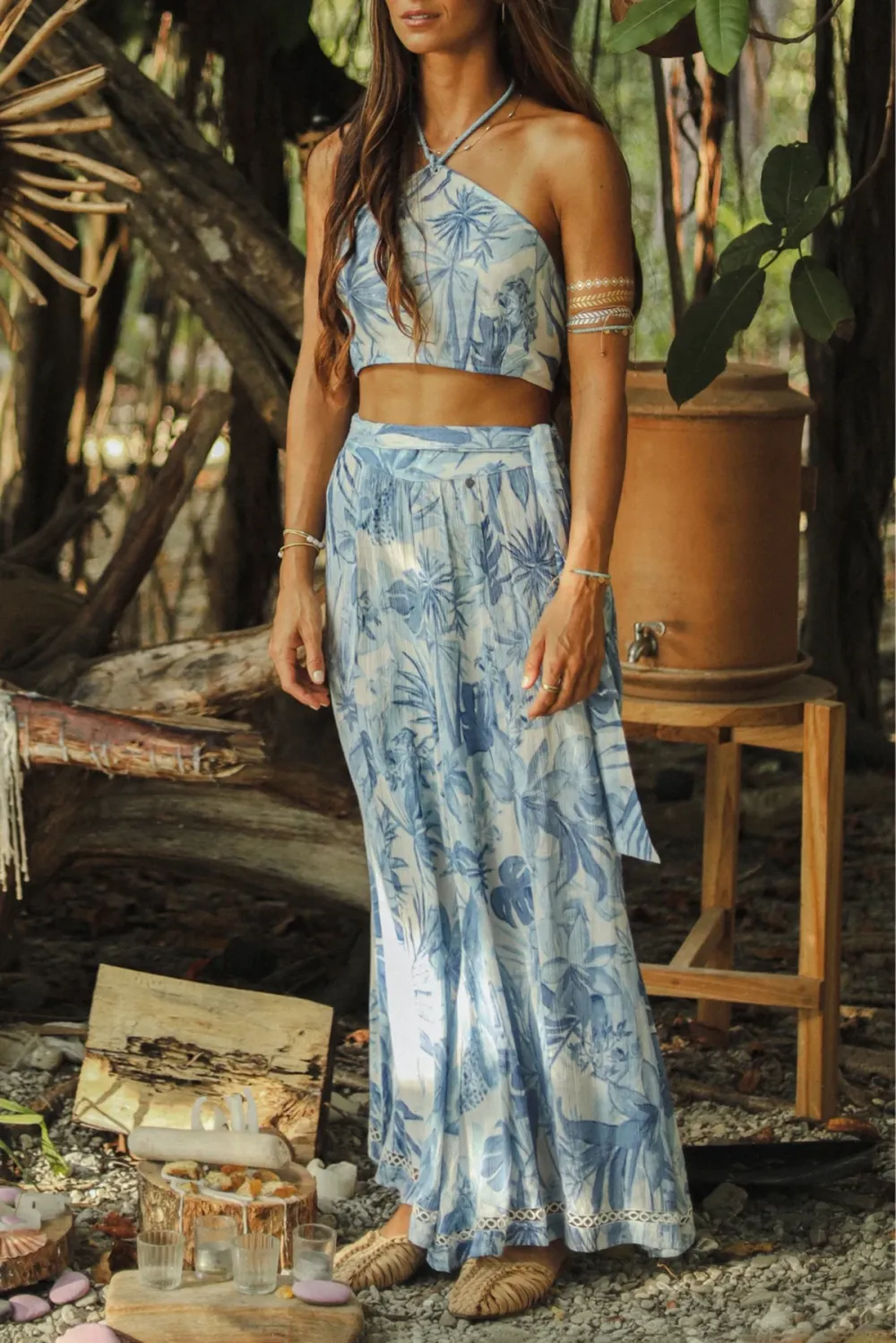 Blue And White Palm Print Wide Leg Pants