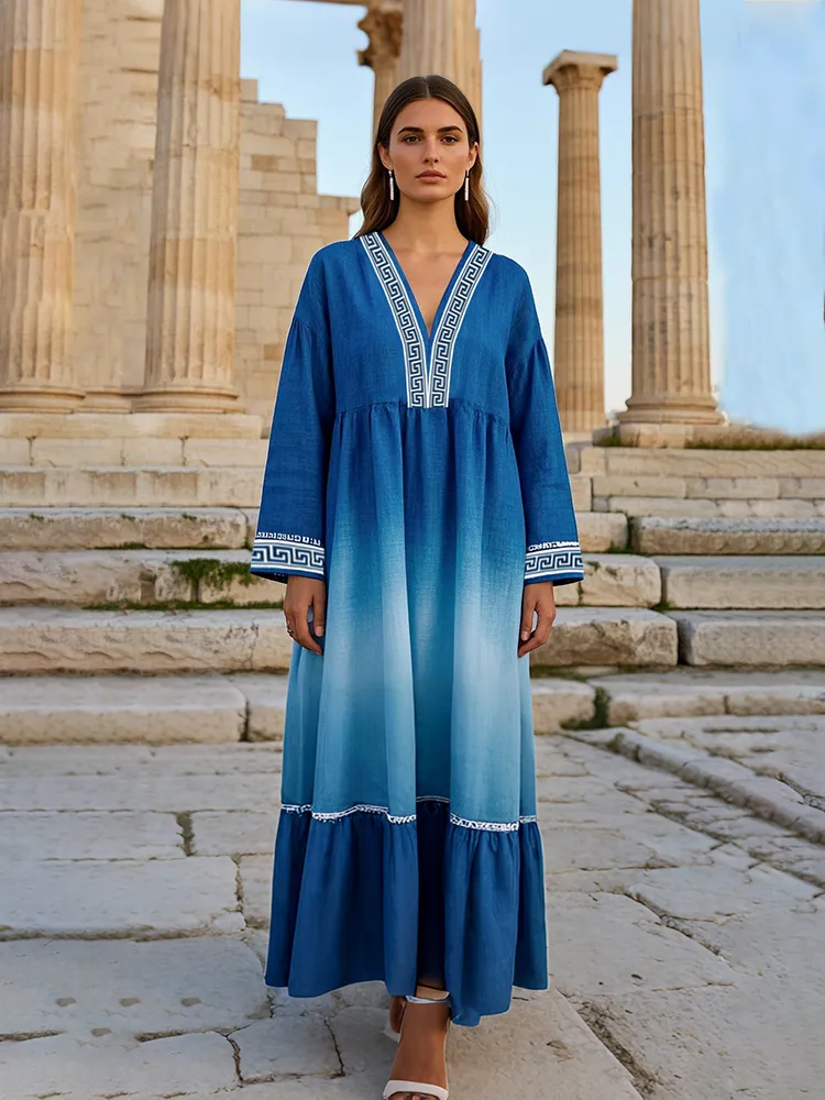 Gradient Greek Key V Neck Linen Blend Mixi Dress