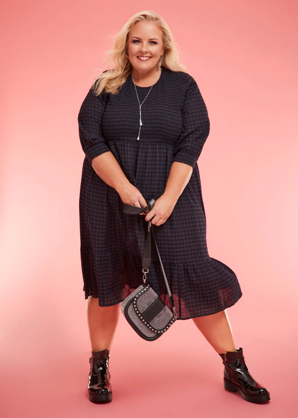 Cotton Gingham Shirred Dress