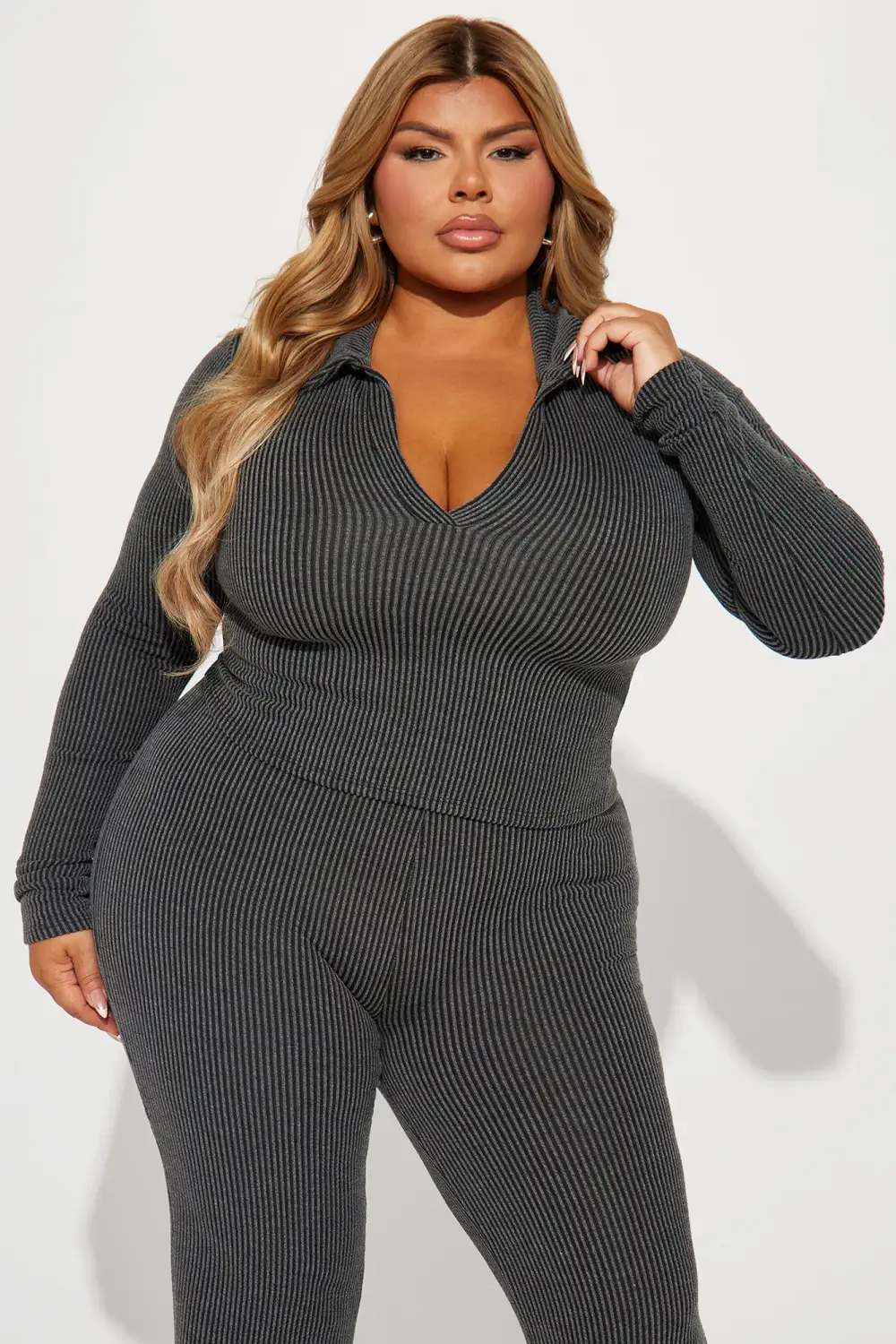 Josie Ribbed Long Sleeve Set - Charcoal