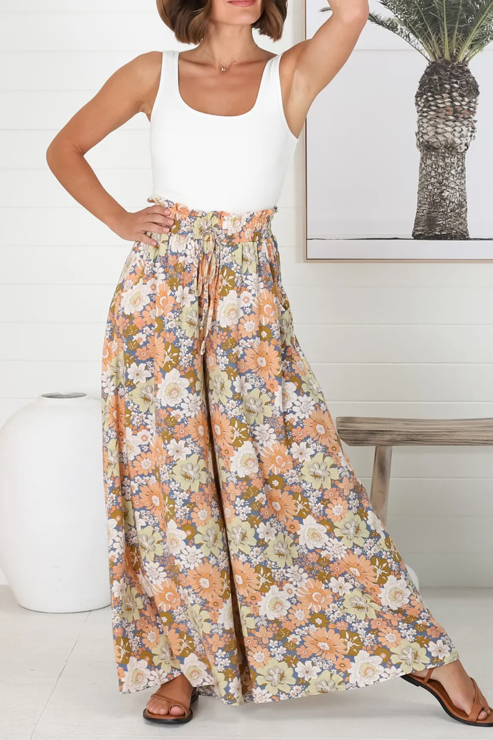Colorful Floral Print High Waist Wide Leg Pants