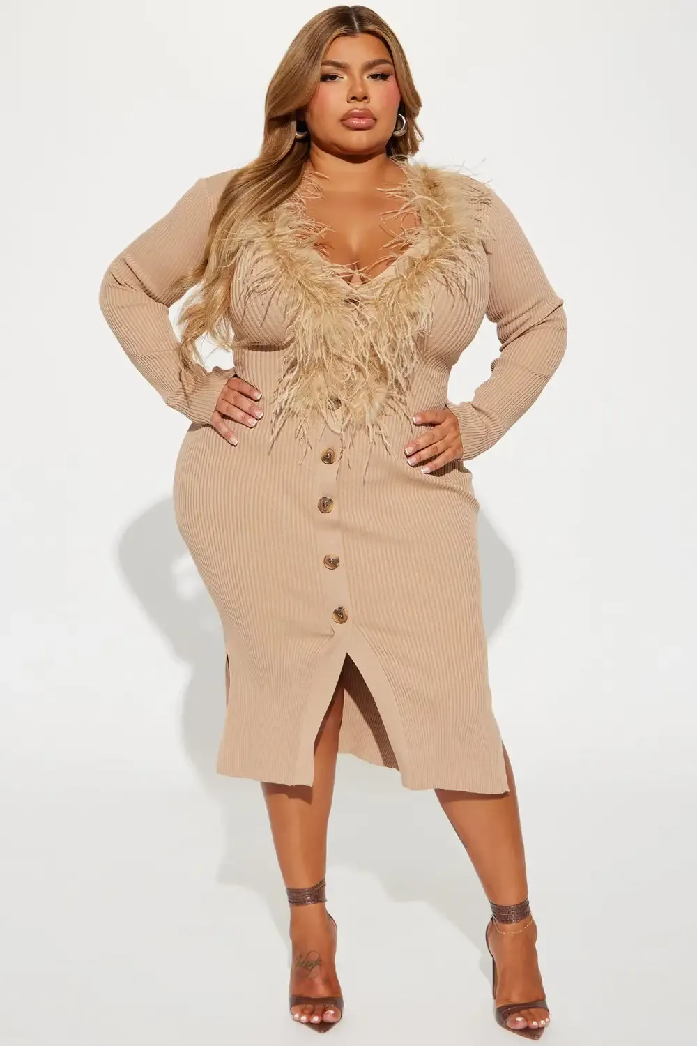 Casey Ribbed Feather Midi Dress - Taupe