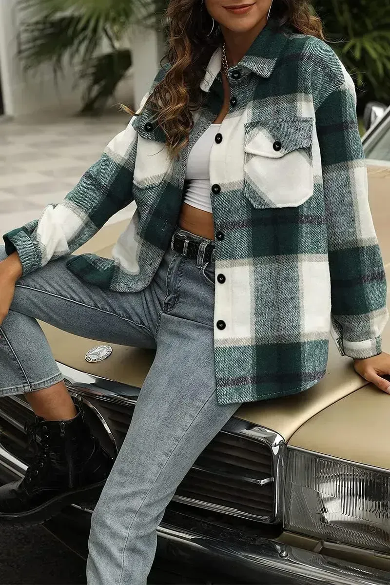 Womens Casual Plaid Shacket Button Down Long Sleeve Shirt