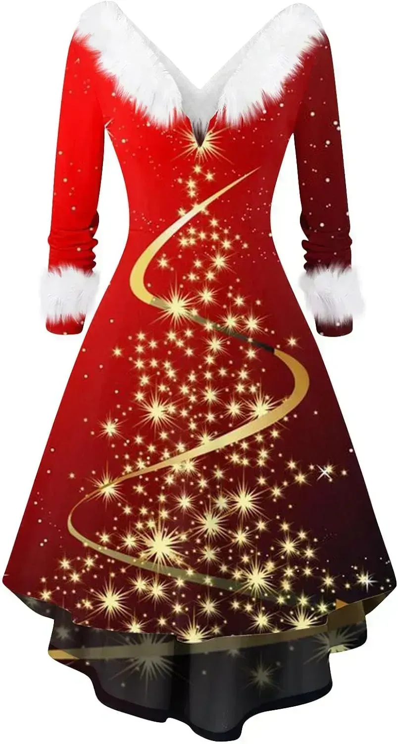 Womens Christmas Dress Fuzzy Mrs Claus Christmas Holiday Xmas Cocktail Holiday Party Flare Dress