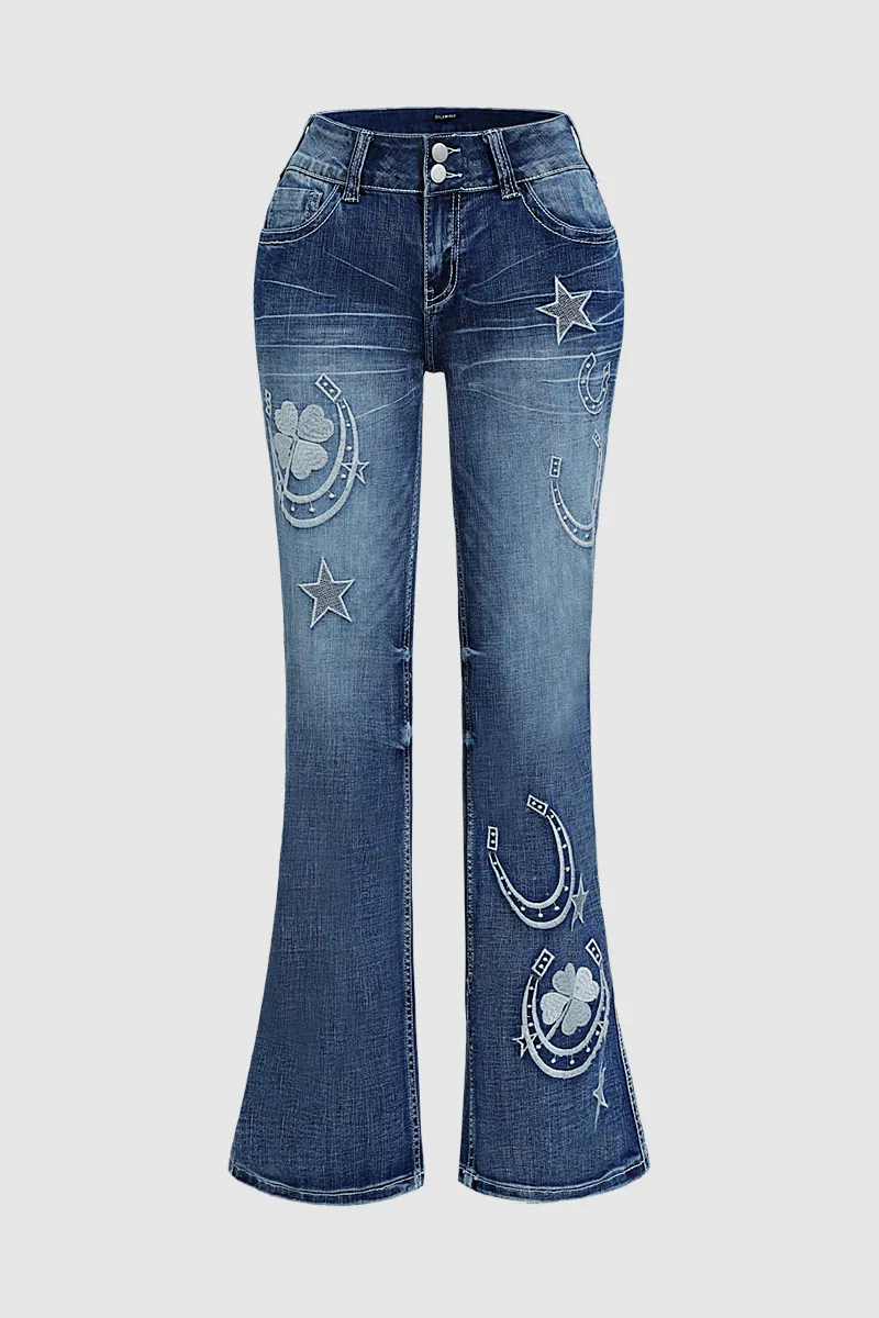 Star & Moon Pattern Double Button Mid Rise Flare Jeans