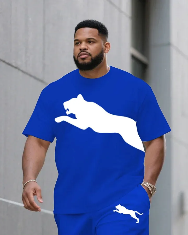 Big & Tall Men Blue Big Logo Front And Back Printed Crew Neck Short Sleeve T-Shirt Shorts Suit