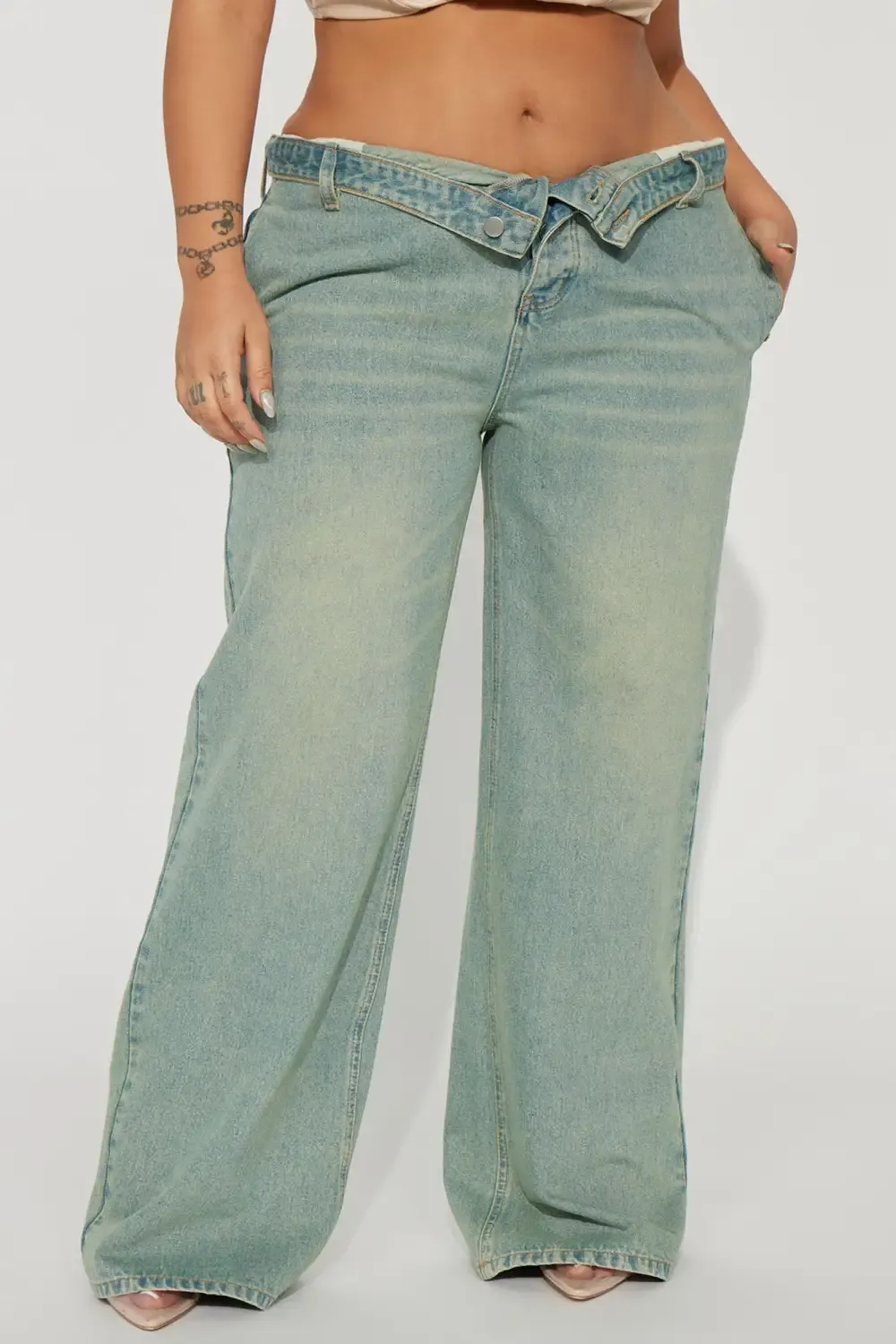 Frankie Foldover Tinted Wide Leg Jeans - Medium Wash