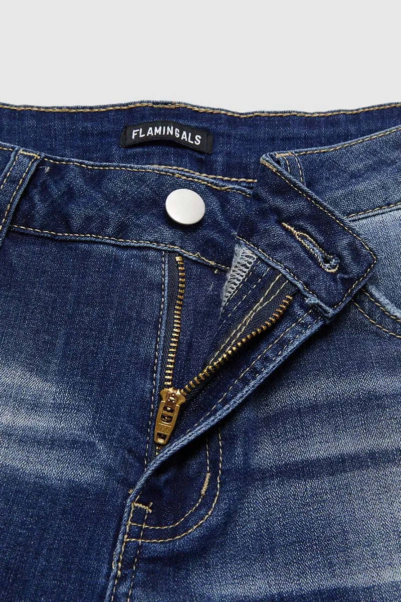Cut Out Roll Hem High Waist Straight Leg Jeans