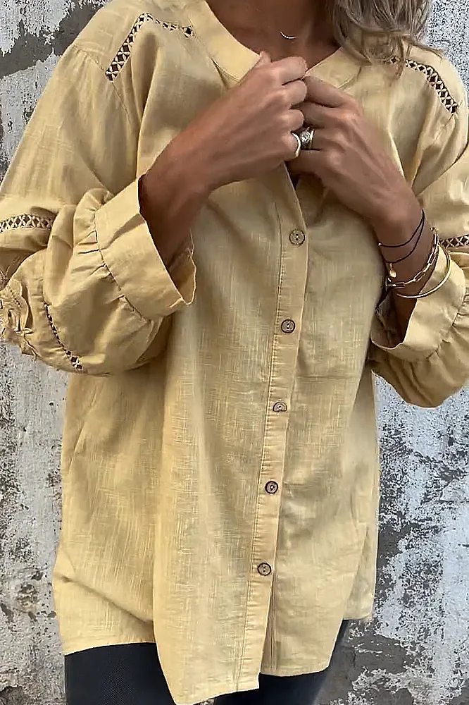 Women's solid color cotton and linen hollow out shirt