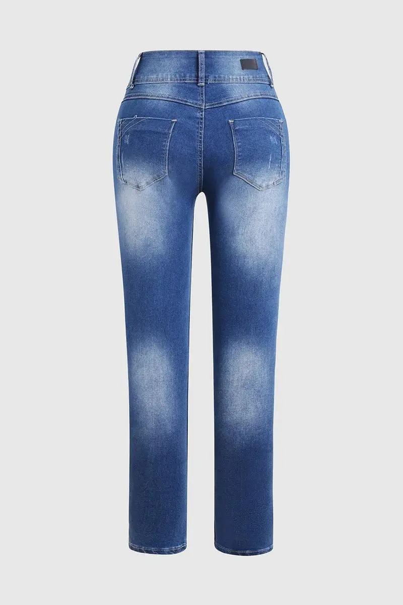 Ripped Button Up Wash Stretchy High Waist Skinny Jeans