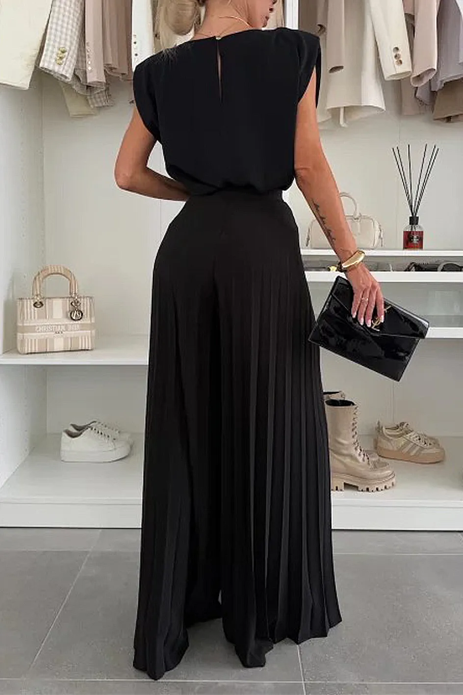 Women'S Stylish Casual Comfortable Top And Pleated Wide Pants Two-Piece Set