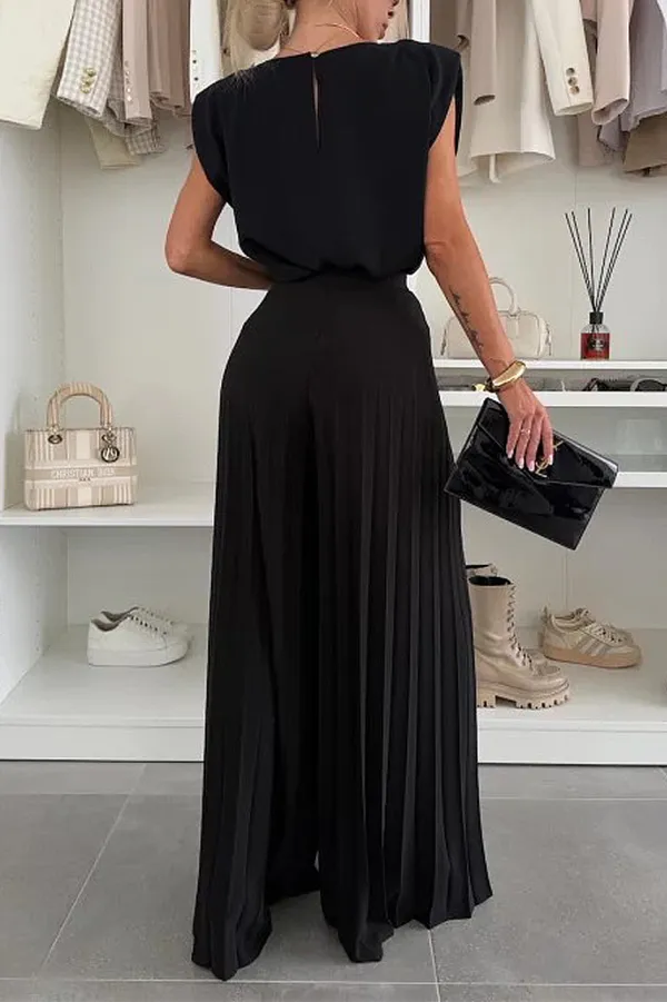 Women'S Stylish Casual Comfortable Top And Pleated Wide Pants Two-Piece Set