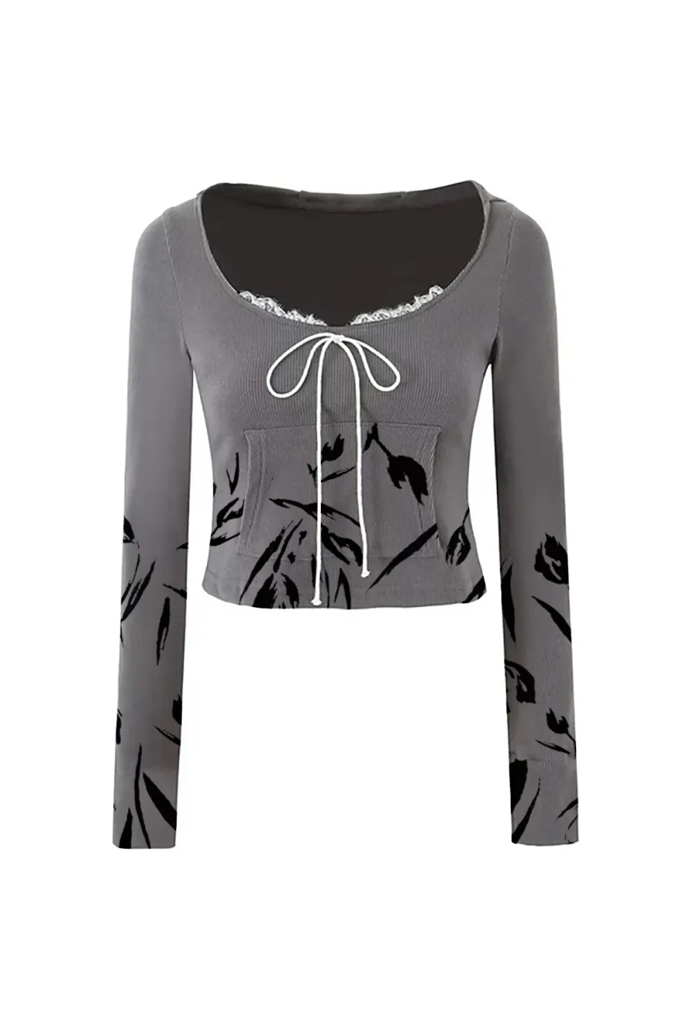 Cute Bow Lace Scoop Neck Kangaroo Pocket Ribbed Crop Hooded Top