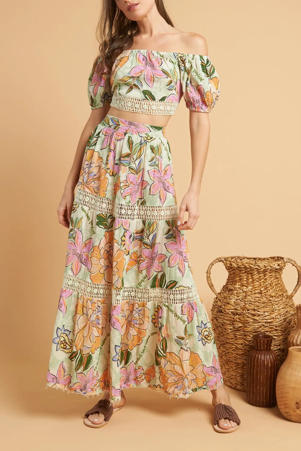 Multicolor Floral Print High Waisted Maxi Skirt