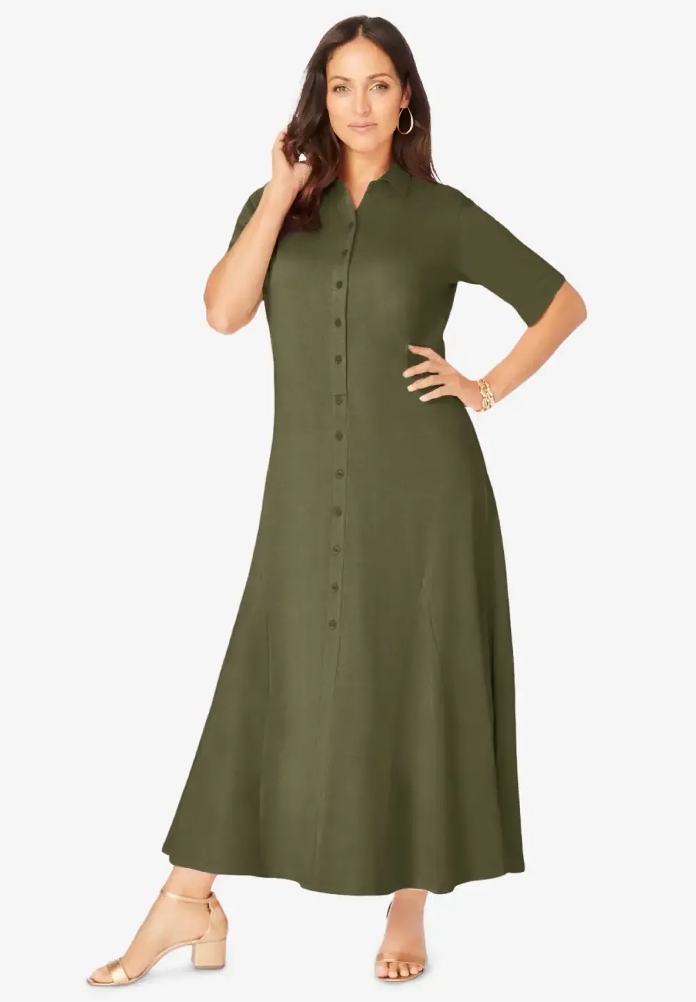 Stretch Cotton Button Front Maxi Dress