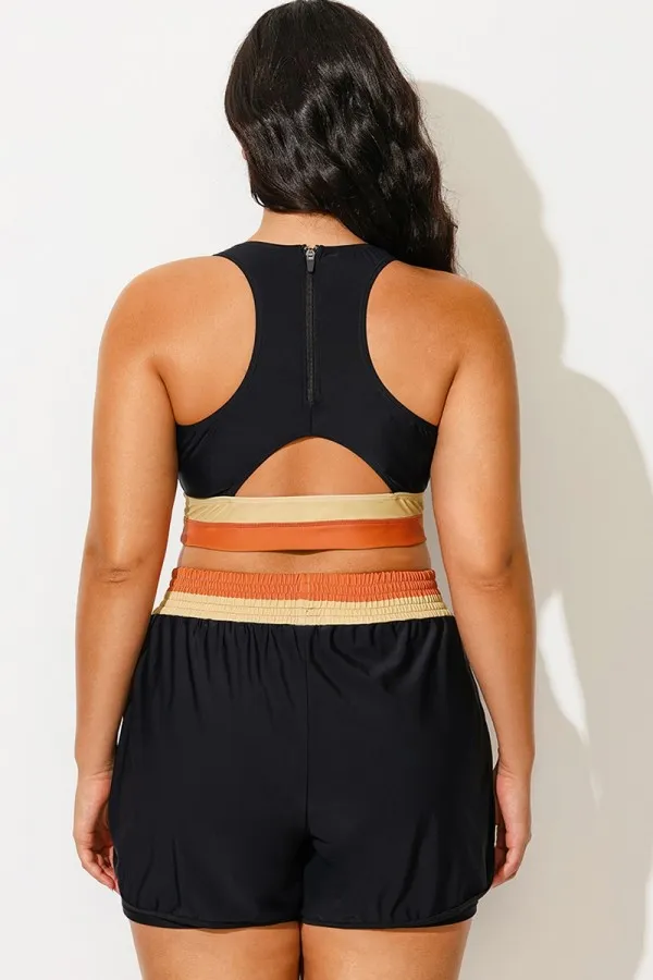 Plus Size Round Neck Orange Patchwork Bikini Top