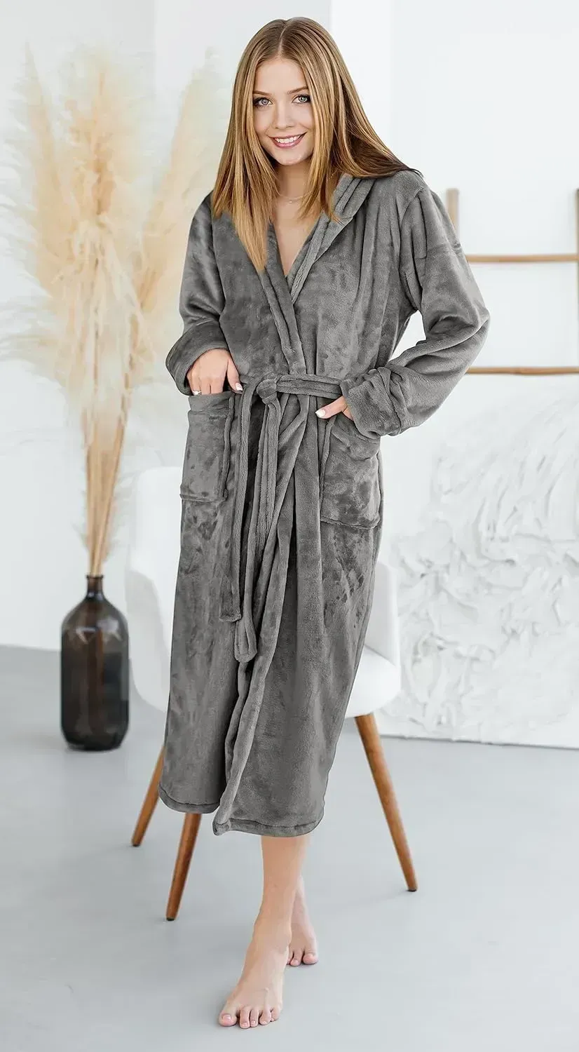 Women Fleece Shawl Collar Bathrobe - Plush Long Robe